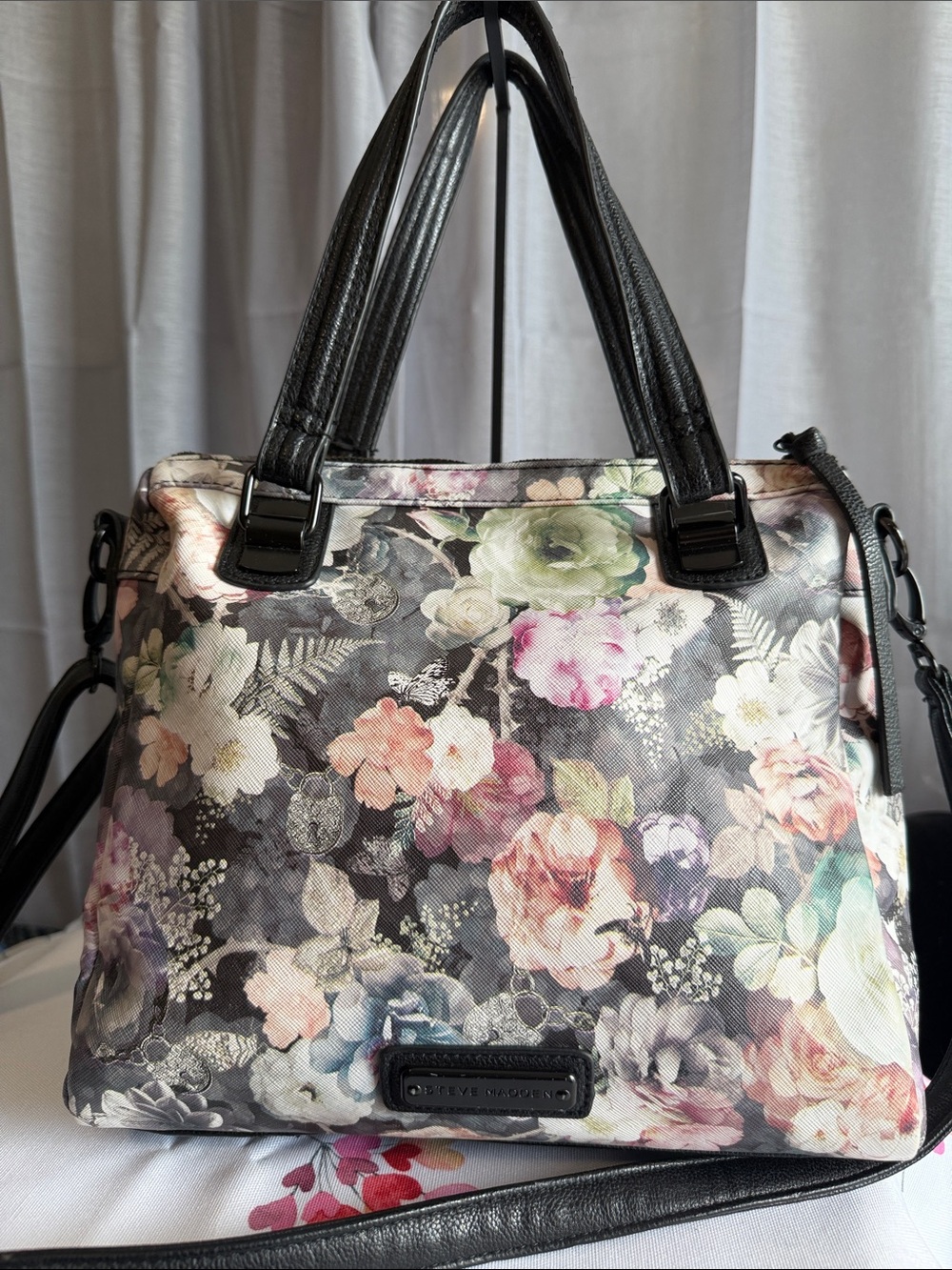 Steve Madden Floral Satchel in Black and Multi-Color